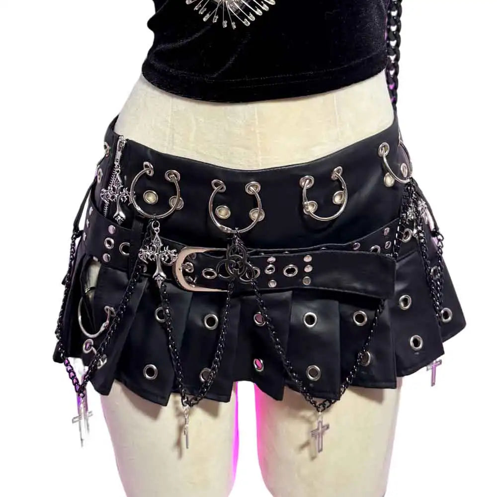 Punkgräfin Gothic Minirock Damen Schwarz mit Ketten & Nieten – Velvet Violence