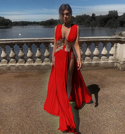 Muschibitch Abendkleid Damen Elegant Maxi Kleid Tiefer V Ausschnitt Rückenfrei Cocktailkleid