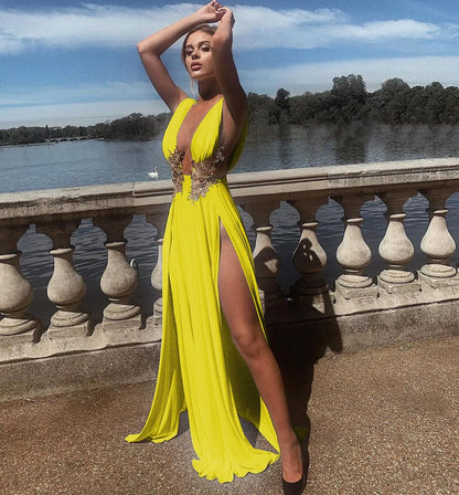 Muschibitch Abendkleid Damen Elegant Maxi Kleid Tiefer V Ausschnitt Rückenfrei Cocktailkleid