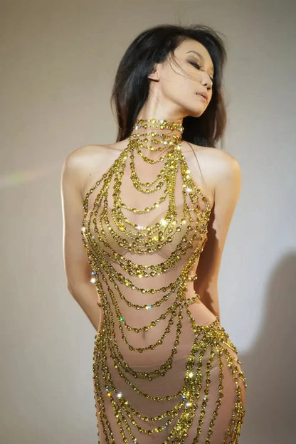 Muschibitch Sexy Luxus Gold Strass Kleid Transparent Abendkleid Club Glam