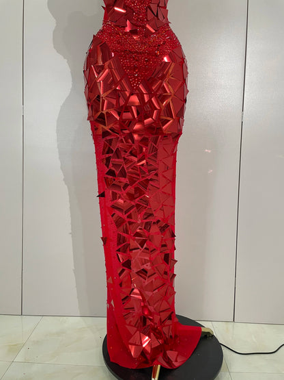 Muschibitch Luxus Abendkleid Rot Strass Spiegel Bodycon Glam Dress
