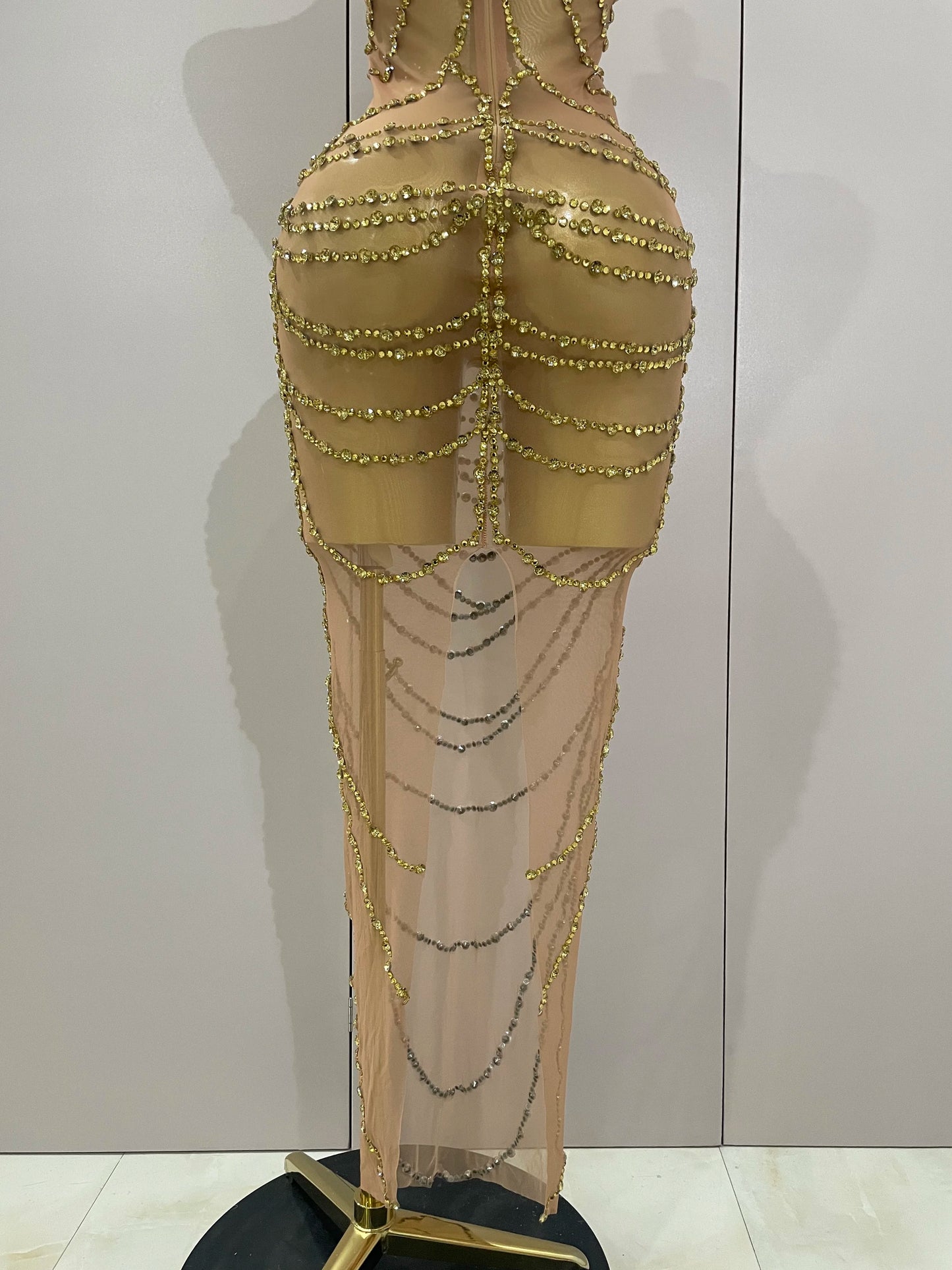 Muschibitch Sexy Luxus Gold Strass Kleid Transparent Abendkleid Club Glam