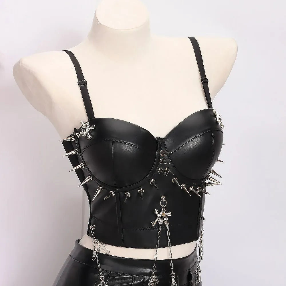Punkgräfin Spike Corset Top Schwarz – Goth Punk Leder Bustier mit Ketten & Nieten
