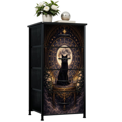 Gothic Kommode Schrank mit schwarze Katze und Runen und 4 Schubladen, Möbel Dark Aesthetic