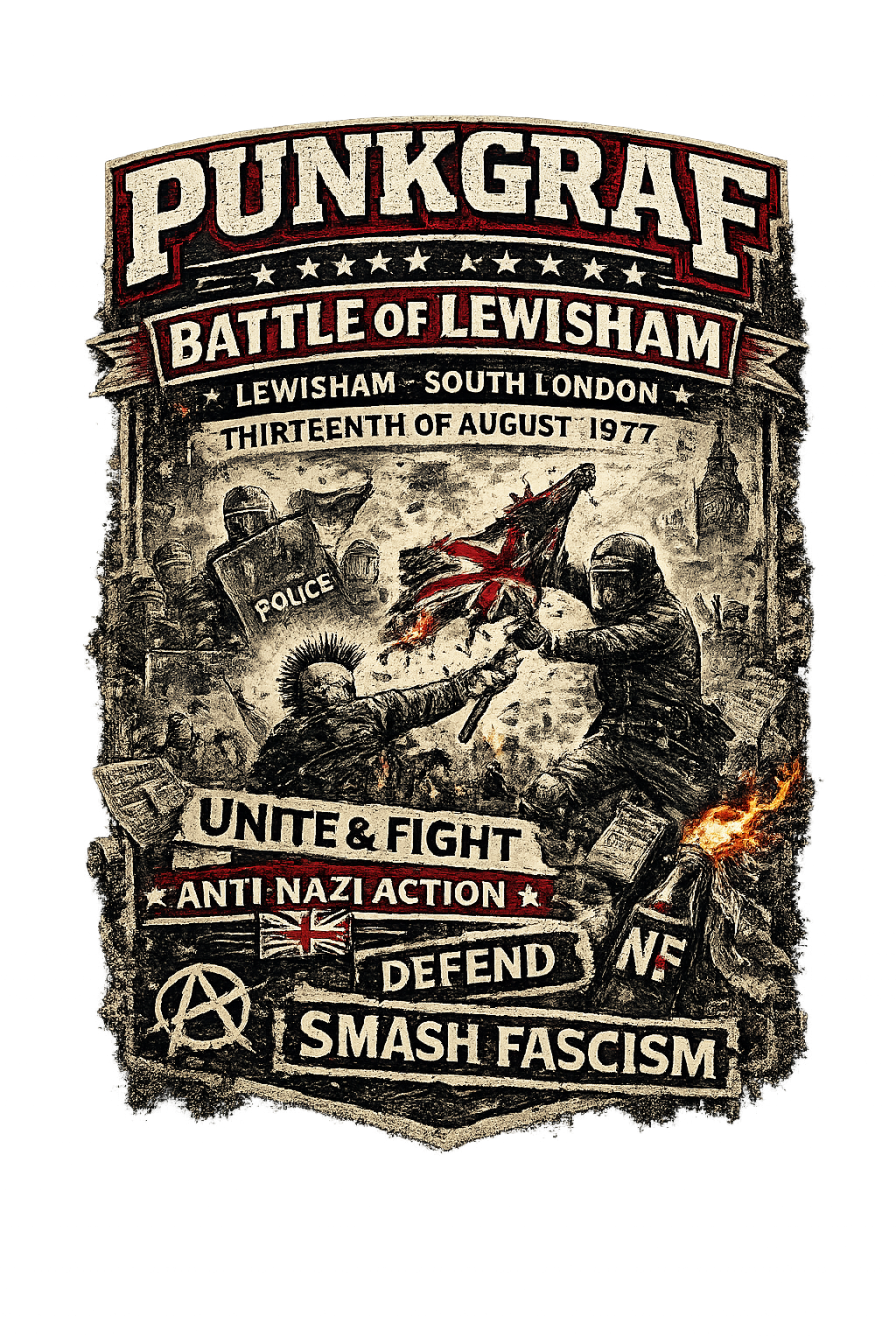 Lewisham 1977 Punk Hoodie, Battle of Lewisham Revolt, Anti Faschismus Statement, Handmade AOP Hoodie South London Streetwear Vintage Protest