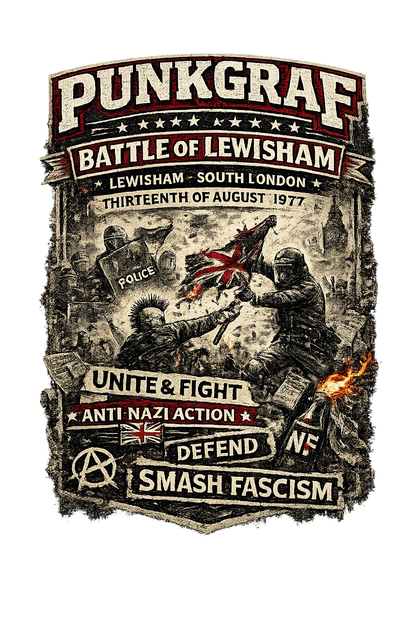 Lewisham 1977 Punk Hoodie, Battle of Lewisham Revolt, Anti Faschismus Statement, Handmade AOP Hoodie South London Streetwear Vintage Protest