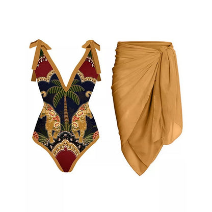 Muschibitch Luxus Designer Badeanzug mit Rock Gold Bordeaux Leopard Palmen