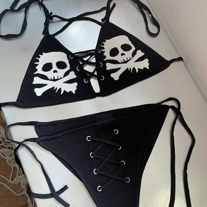 Punkgräfin Triangel Bikini Schwarz Damen Skull Bikini Punk Bademode