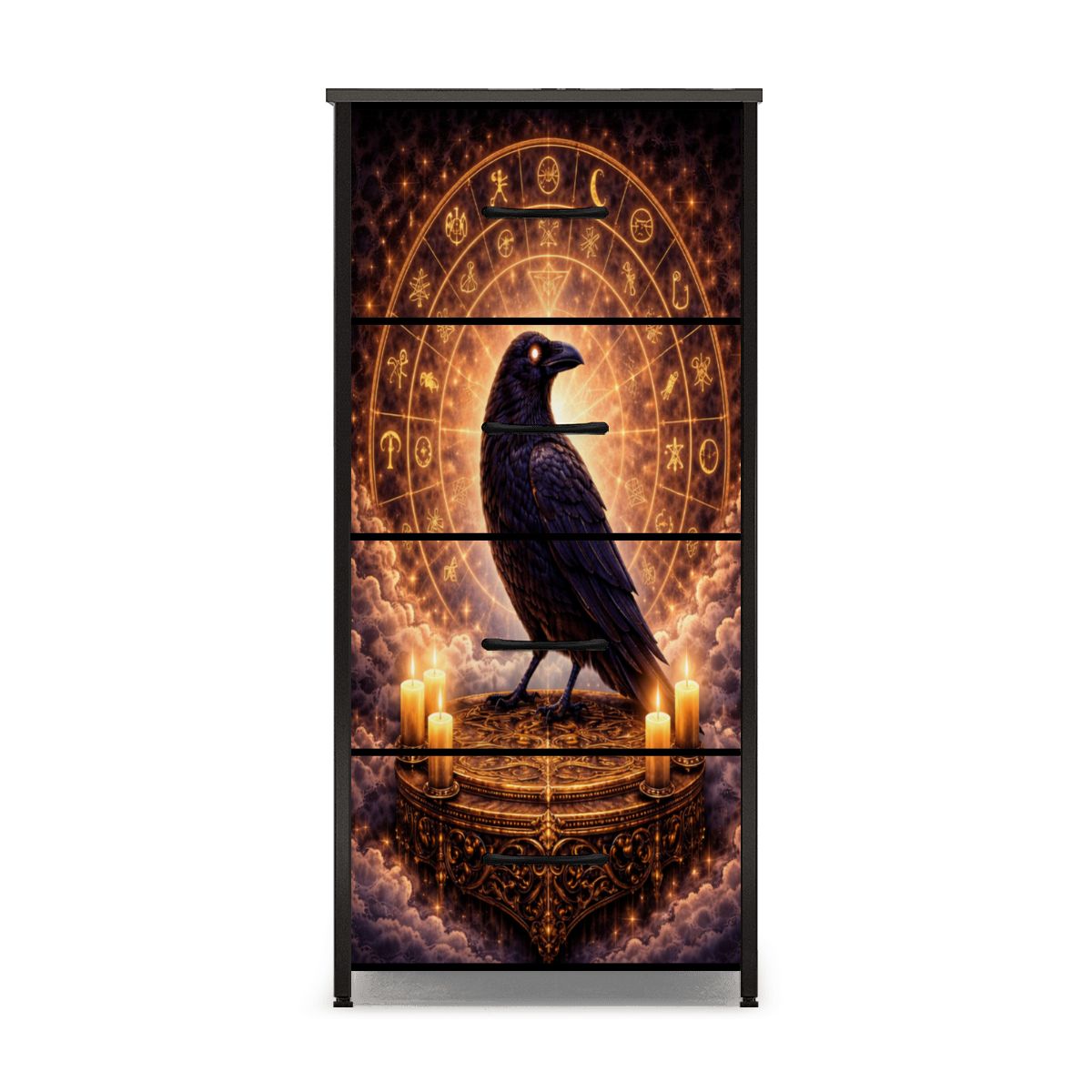 Gothic Kommode Schrank mit Raben auf keltischen Altar und Runen, 4 Schubladen Möbel Dark Aesthetic Stil