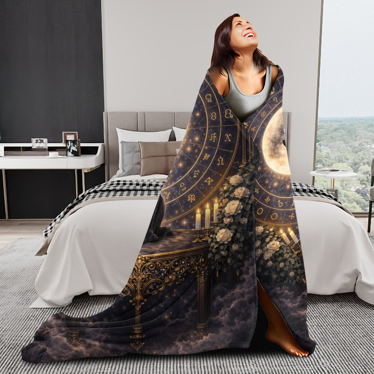 Gothicbro Kuscheldecke „Black Moon Familiar“ – Mystische Flanelldecke im Gothic-Stil