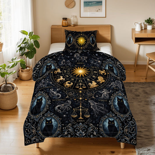 Gothic Zodiak Bettwäsche blau Astrologie Sternzeichen mit schwarzer Katze in viktorianischen Stil