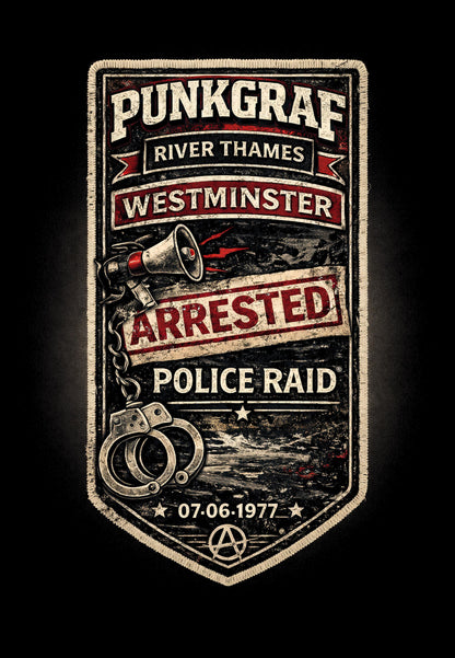Punk Rock Shirt, Jubilee Boat Trip 1977, Westminster Thames Riot Sex Pistols – AOP T-Shirt Vintage Punk Poster Look by Punkgraf