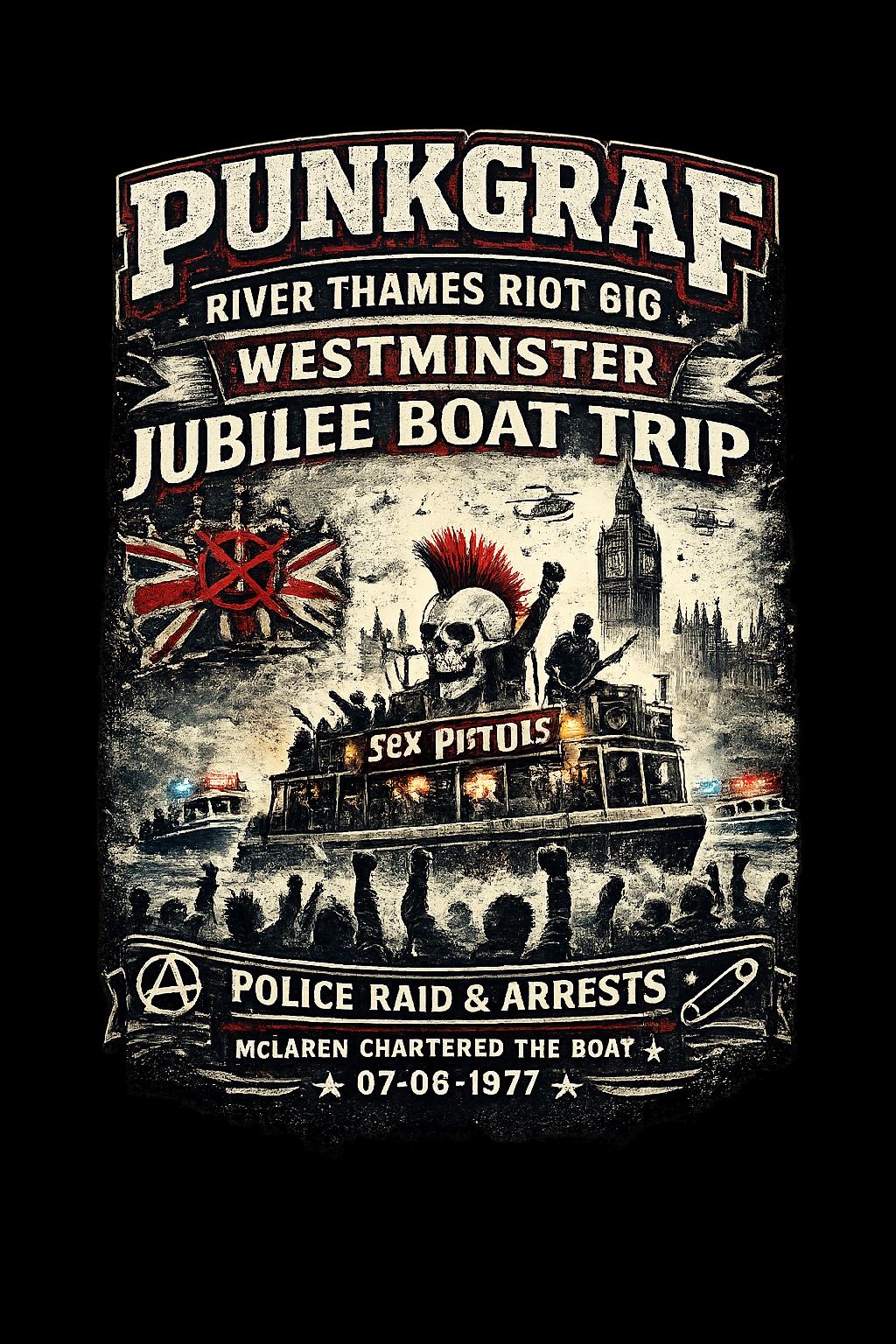 Punk Rock Shirt, Jubilee Boat Trip 1977, Westminster Thames Riot Sex Pistols – AOP T-Shirt Vintage Punk Poster Look by Punkgraf