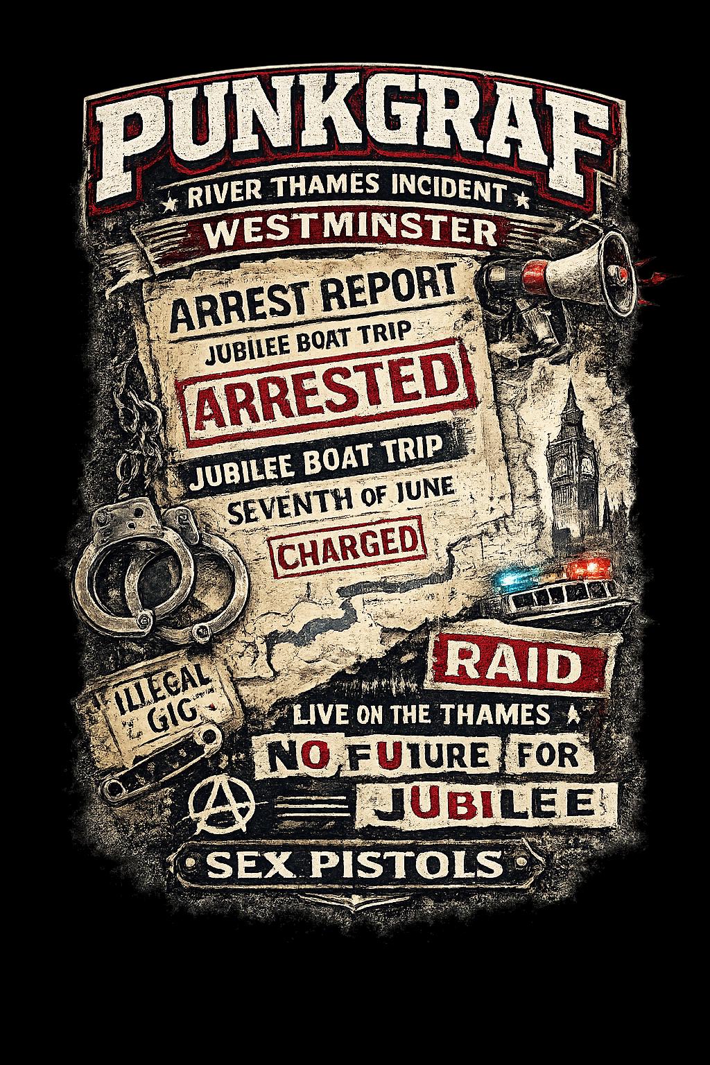Punk Rock Shirt, Jubilee Boat Trip 1977, Westminster Thames Riot Sex Pistols – AOP T-Shirt Vintage Punk Poster Look by Punkgraf