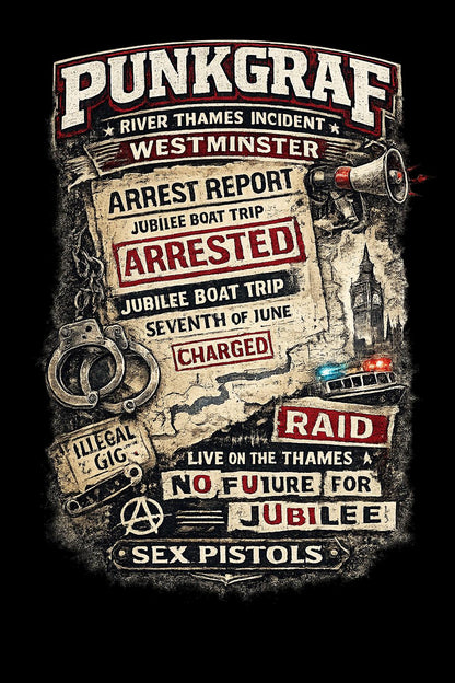 Punk Rock Shirt, Jubilee Boat Trip 1977, Westminster Thames Riot Sex Pistols – AOP T-Shirt Vintage Punk Poster Look by Punkgraf