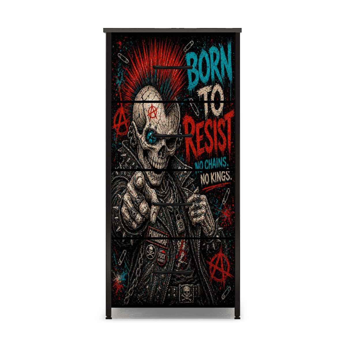 Punk Kommode Schubladenschrank, BORN TO RESIST - NO CHAINS NO KINGS Designer Möbel