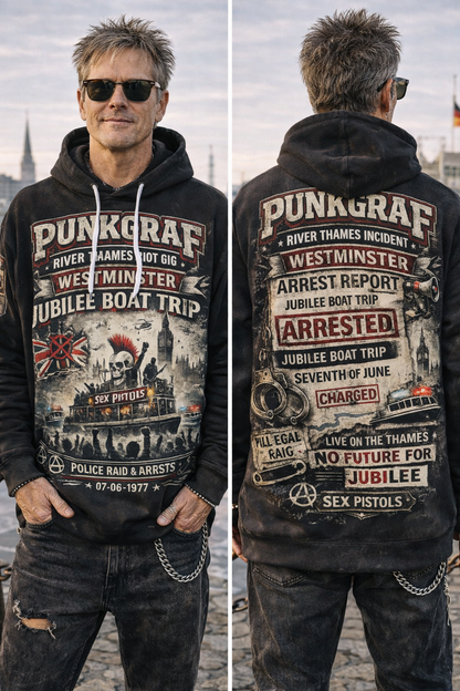 Punk Rock Hoodie, Jubilee Boat Trip 1977, London Westminster Streetwear – River Thames Sex Pistols Vintage Design Incident Kapuzenpullover