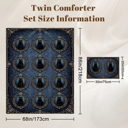 Gothic Bettwäsche blau, schwarze Katze, Twin Comforter Set Dark Aesthetic, Gothicbro Bettdecke mit Kissenbezug