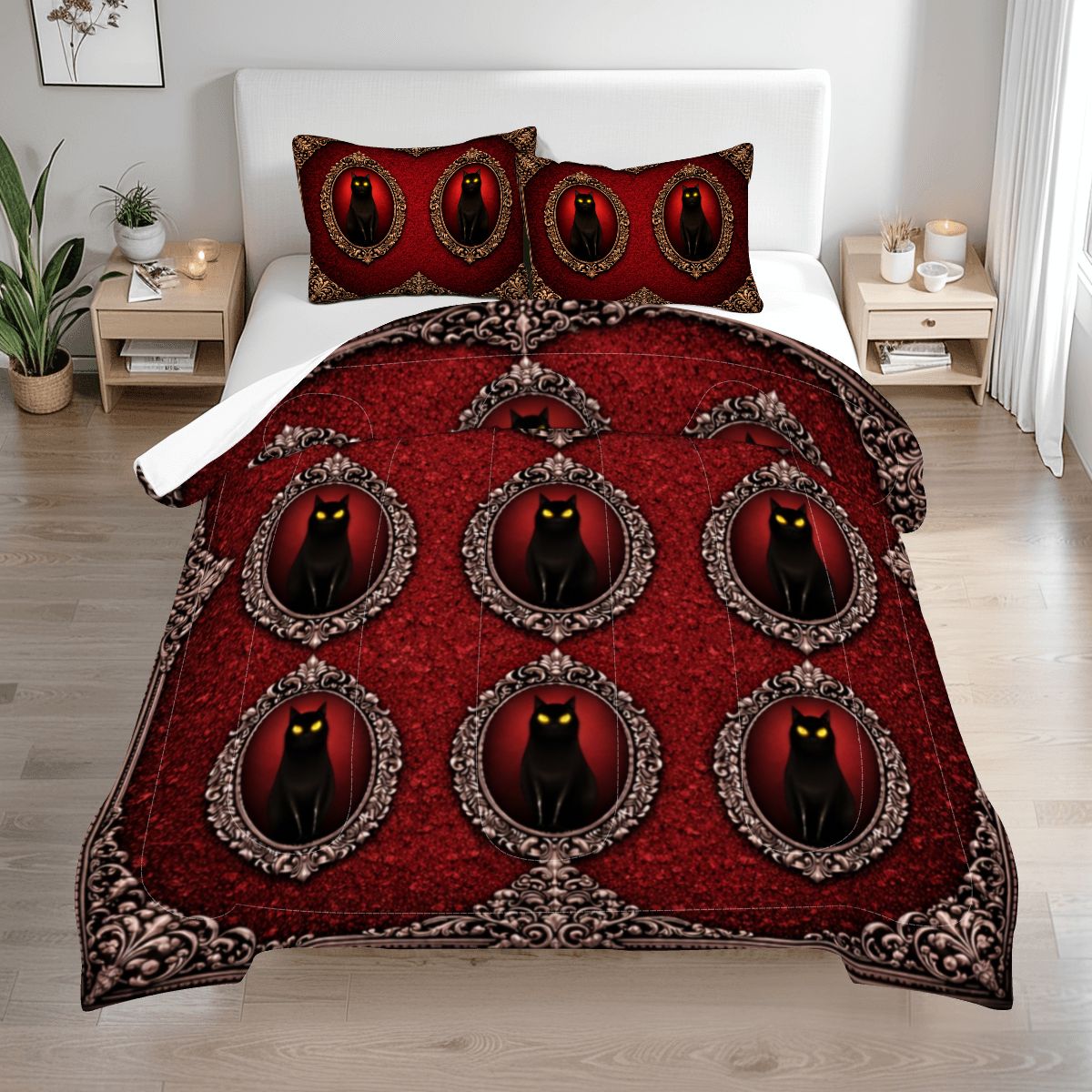 Gothic Queen Bettwäsche 3-teilig rot mit schwarzer Katze in viktorianischen Ornamentrahmen