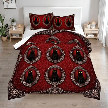 Gothic Queen Bettwäsche 3-teilig rot mit schwarzer Katze in viktorianischen Ornamentrahmen