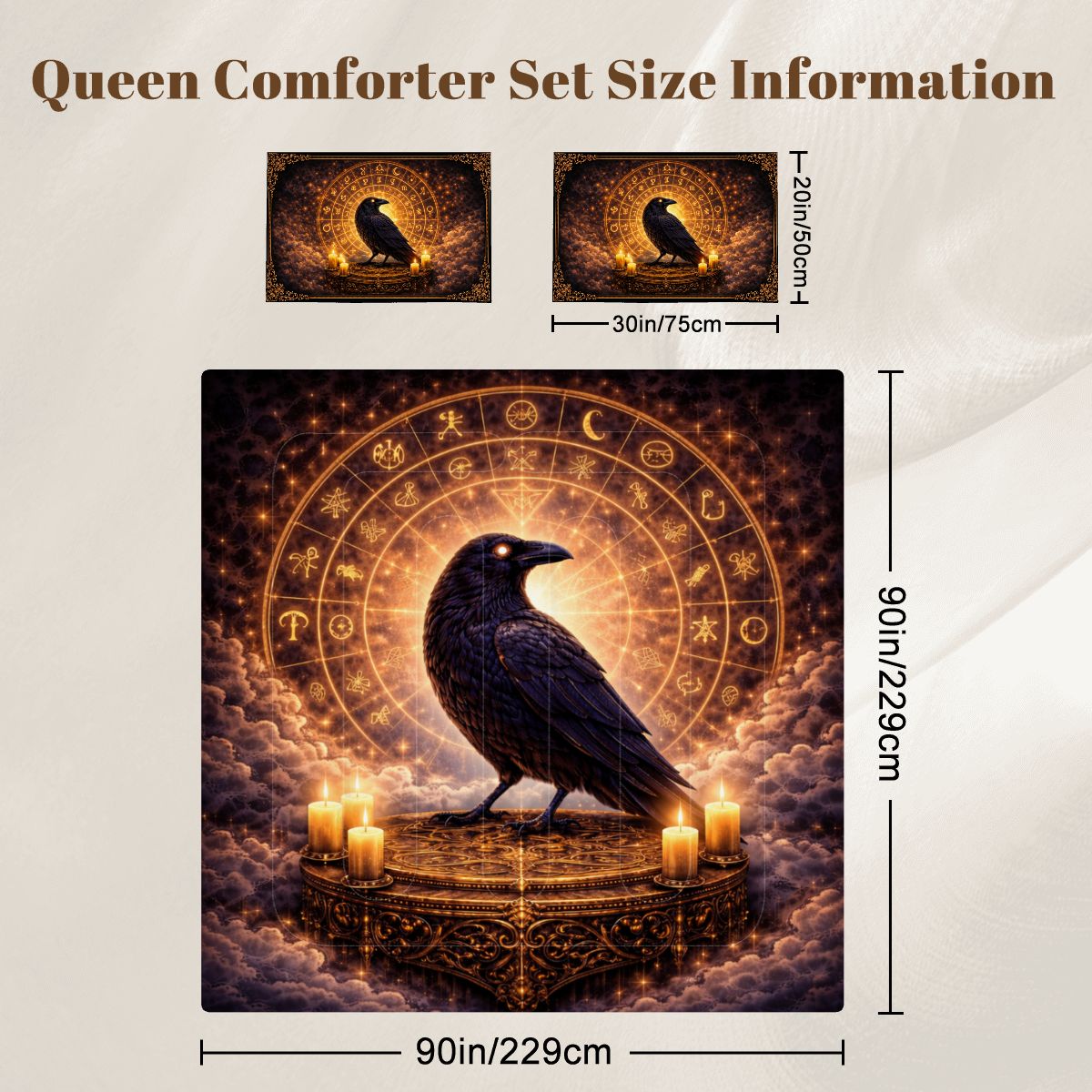 Gothic Bettwäsche Queen 3-teilig mit Rabe, Tierkreis & Kerzenlicht, mystisches Comforter Set