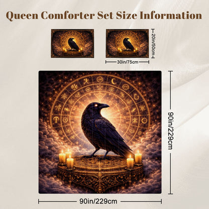 Gothic Bettwäsche Queen 3-teilig mit Rabe, Tierkreis & Kerzenlicht, mystisches Comforter Set