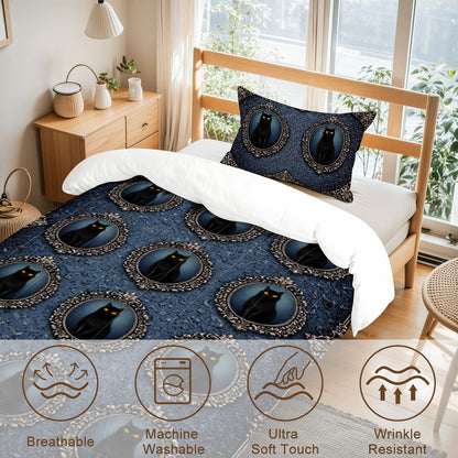 Gothic Bettwäsche blau, schwarze Katze, Twin Comforter Set Dark Aesthetic, Gothicbro Bettdecke mit Kissenbezug