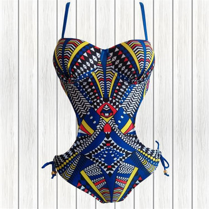 Muschibitch Badeanzug Damen Print Cut Out Monokini Ethno Blau