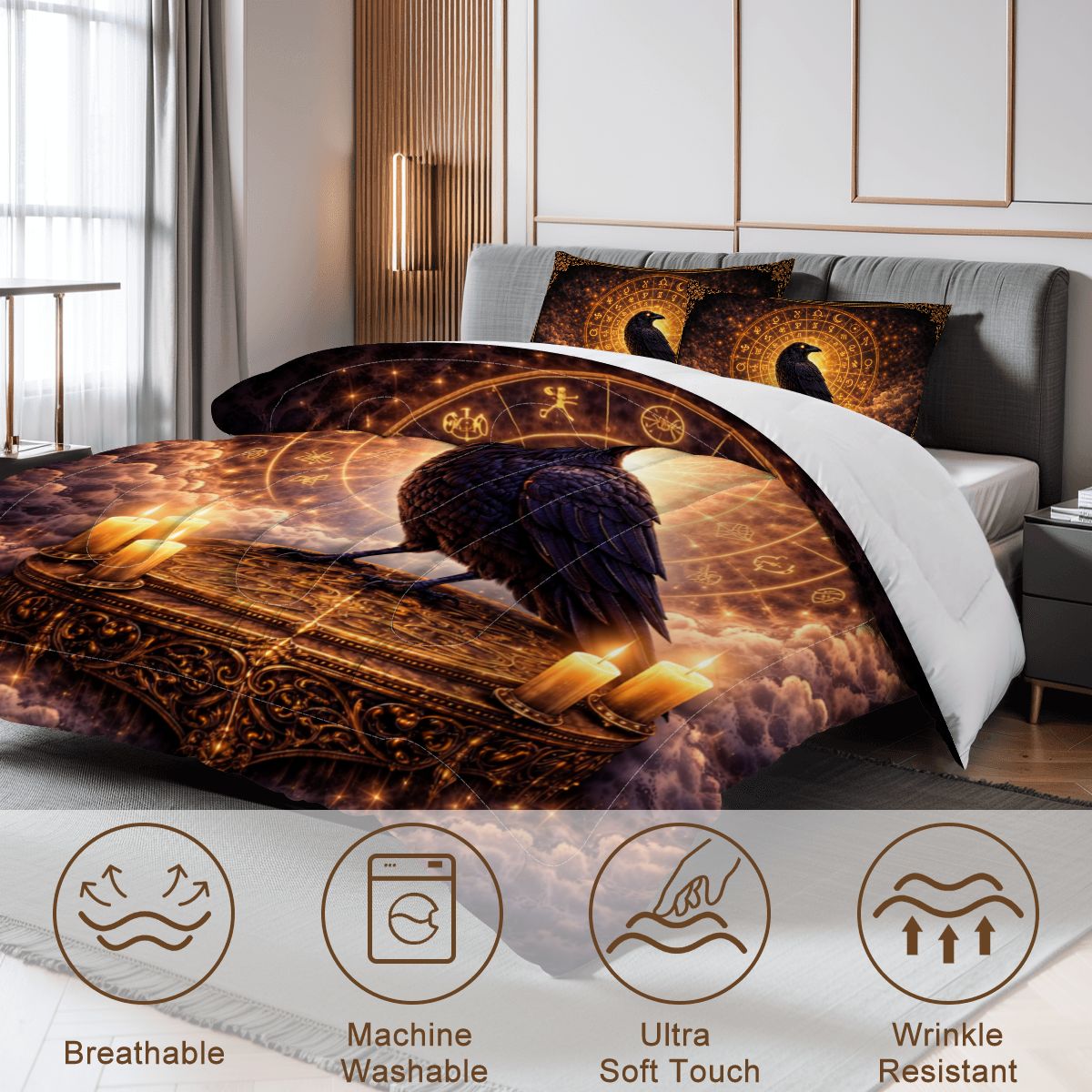 Gothic Bettwäsche Queen 3-teilig mit Rabe, Tierkreis & Kerzenlicht, mystisches Comforter Set
