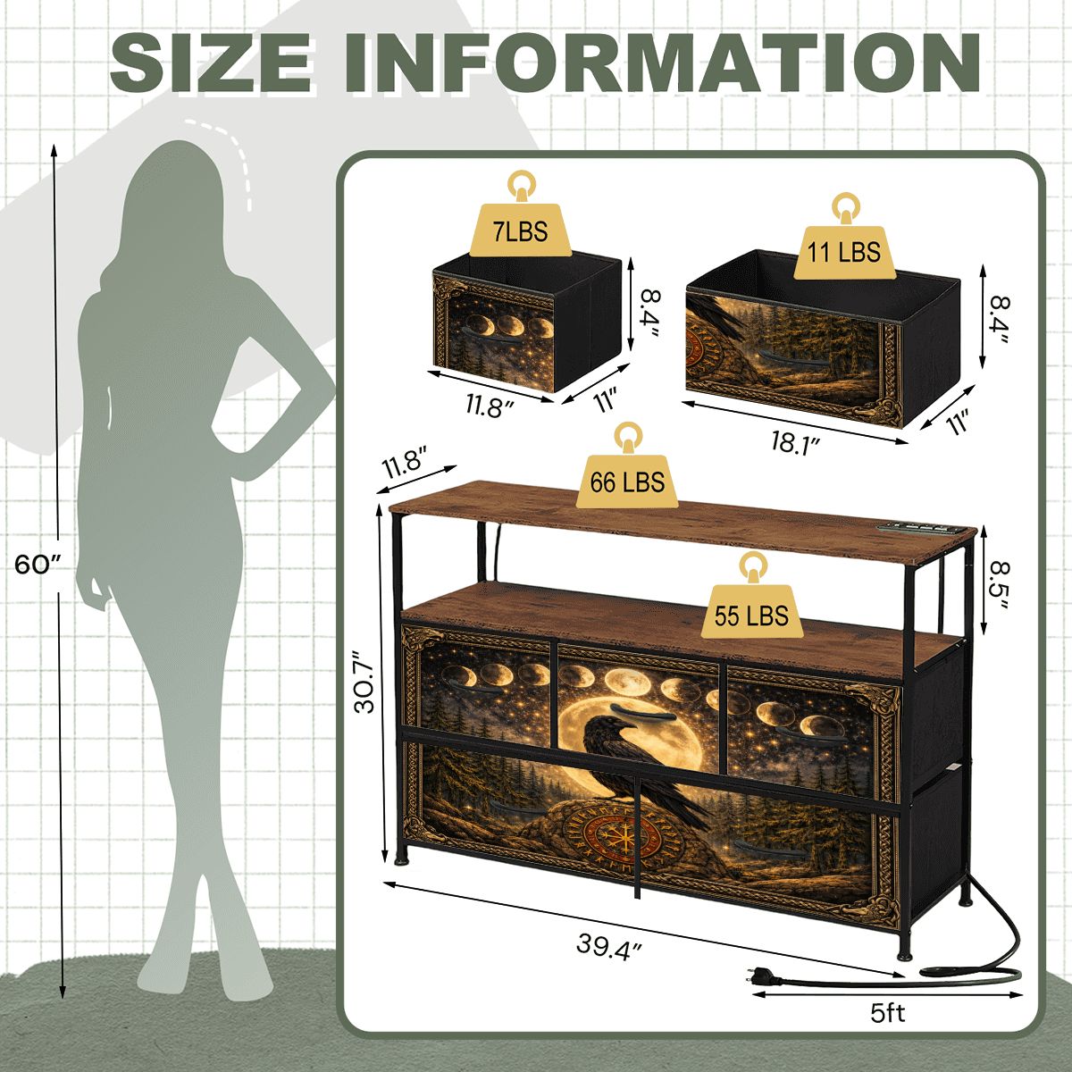 Gothic TV Sideboard Schrank mit Rabe auf Wikinger Runenstein - Keltisch Kommode mit Steckdosen und USB