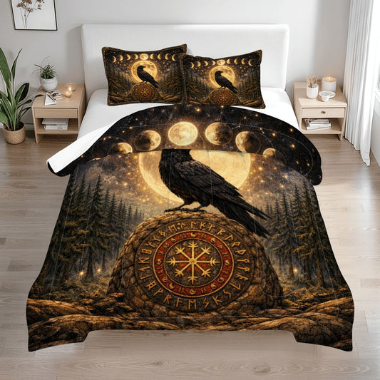 Gothic Bettwäsche Queen 3-teilig mit Rabe auf Wikinger Runenstein, mystisches Comforter Set