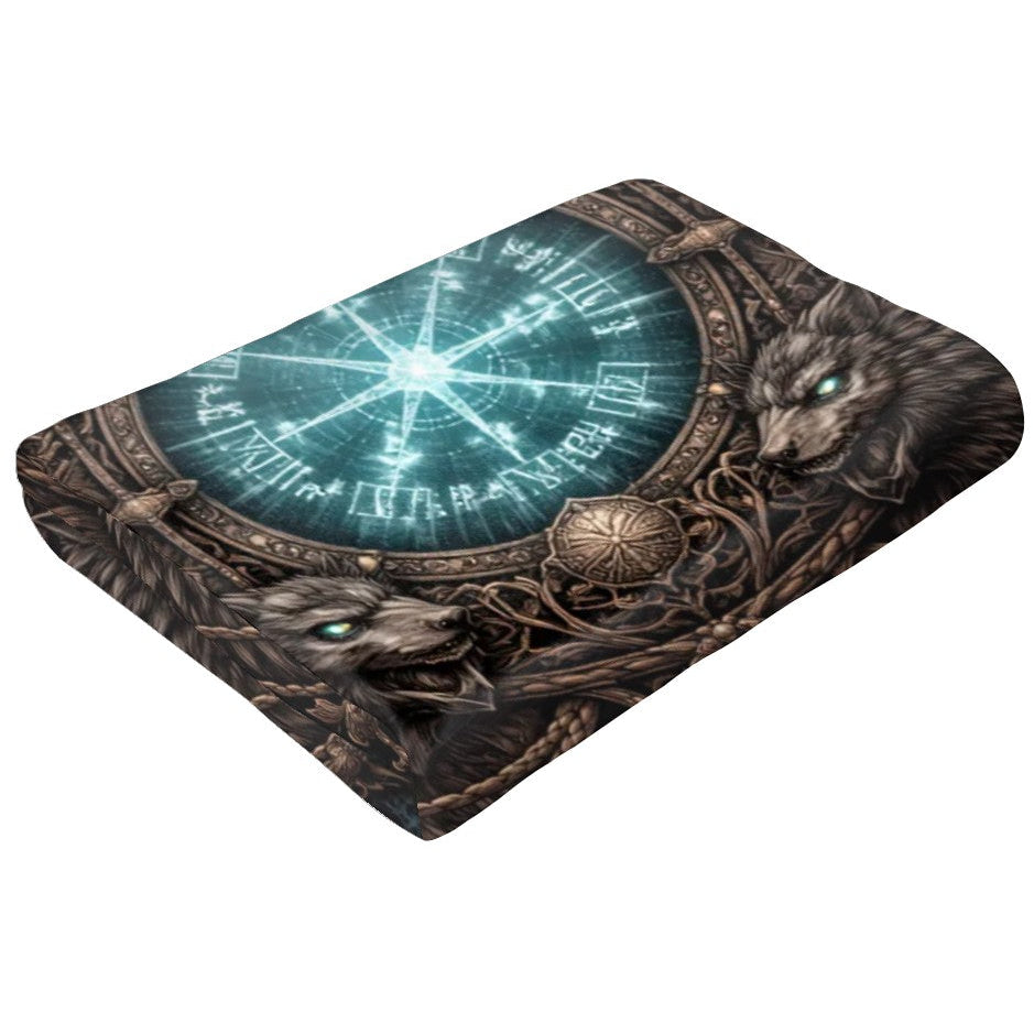 Gothicbro Keltische Flanelldecke Runenwächter mit Wölfen und Thorshammer