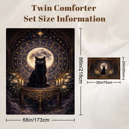Gothic Bettwäsche schwarze Katze, Twin Comforter Set mit Mond und Symbolkreis