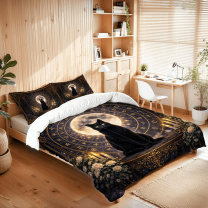 Gothic Queen Bettwäsche 3-teilig schwarze Katze, Queen Comforter Set mit Mond und Symbolkreis