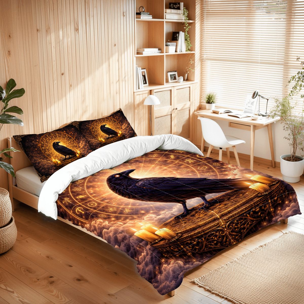 Gothic Bettwäsche Queen 3-teilig mit Rabe, Tierkreis & Kerzenlicht, mystisches Comforter Set