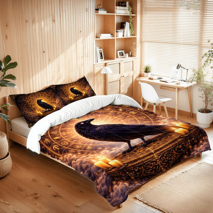 Gothic Bettwäsche Queen 3-teilig mit Rabe, Tierkreis & Kerzenlicht, mystisches Comforter Set