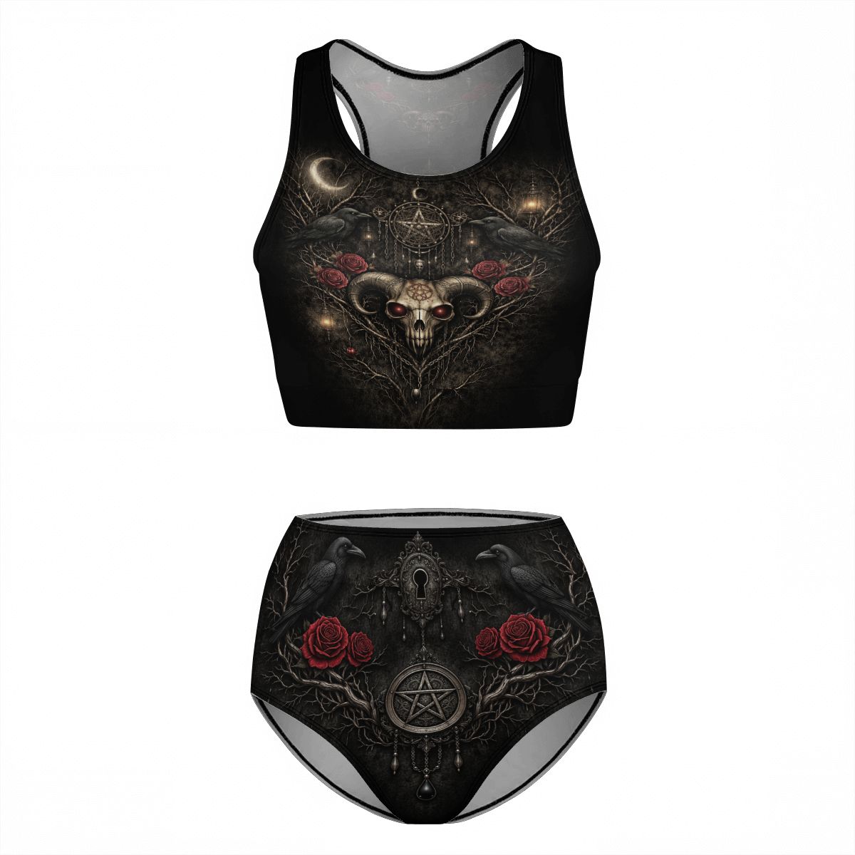 Gothic Dark Romance Pentagramm Bikini High Waist, schwarzer Skull Zweiteiler Gothic Beachwear