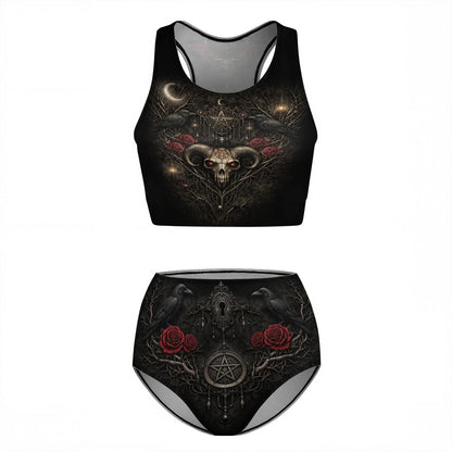 Gothic Dark Romance Pentagramm Bikini High Waist, schwarzer Skull Zweiteiler Gothic Beachwear