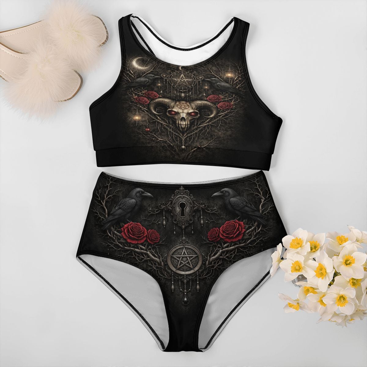 Gothic Dark Romance Pentagramm Bikini High Waist, schwarzer Skull Zweiteiler Gothic Beachwear