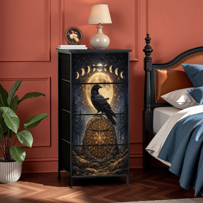 Gothic Kommode Rabe Mondphasen, Runen Schrank 4 Schubladen Möbel Dark Aesthetic
