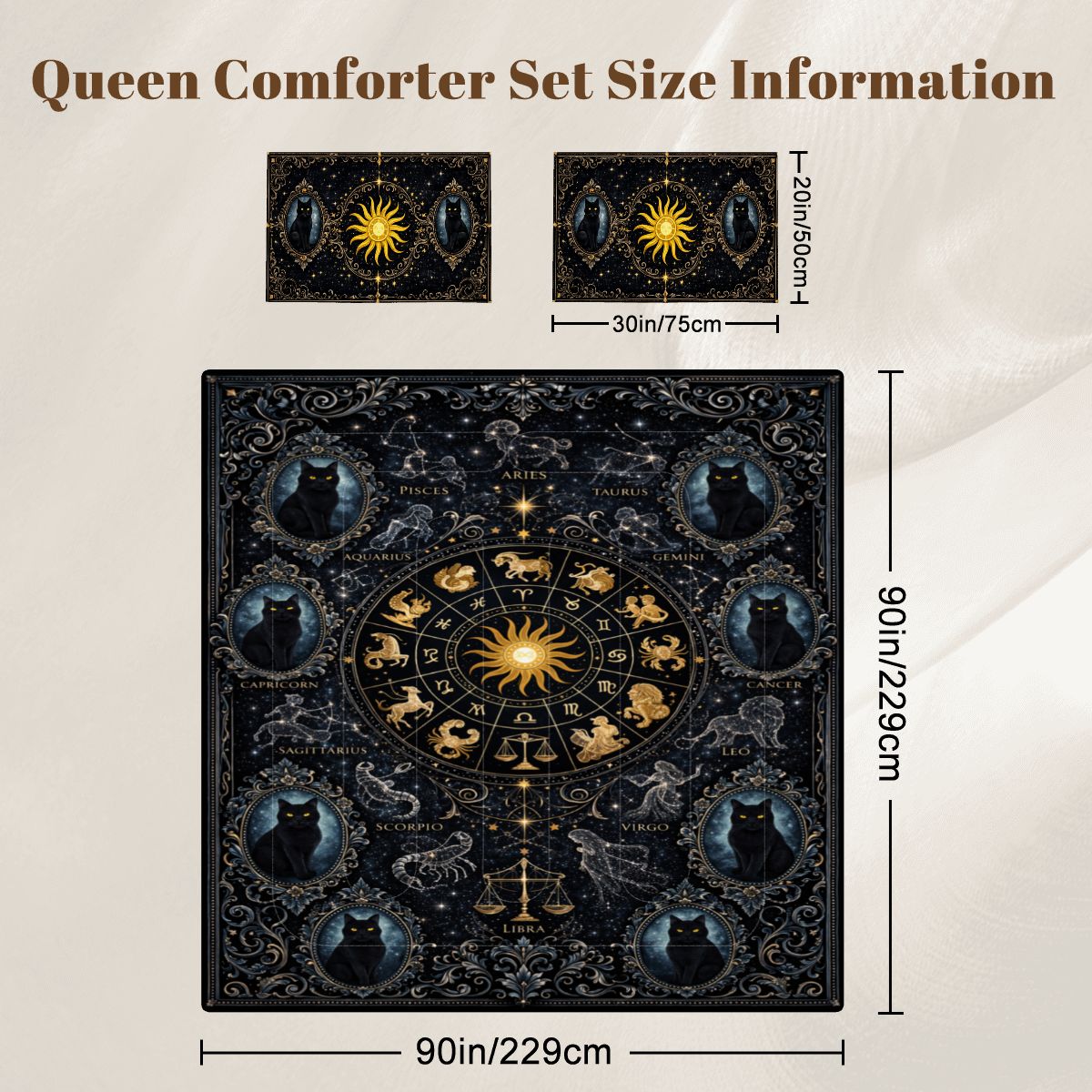 Gothic Zodiak Bettwäsche Queen 3-teilig Blau mit Astrologie Sternzeichen, schwarze Katzen in viktorianischen Stil