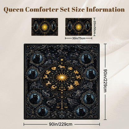 Gothic Zodiak Bettwäsche Queen 3-teilig Blau mit Astrologie Sternzeichen, schwarze Katzen in viktorianischen Stil