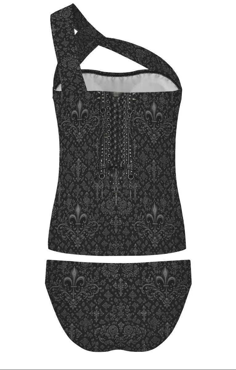 Punkgräfin Gothic Elegance – Asymmetrischer Tankini mit Rücken-Schnürprint von Punkgräfin
