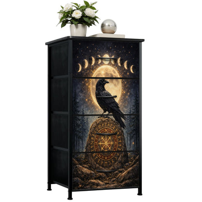 Gothic Kommode Rabe Mondphasen, Runen Schrank 4 Schubladen Möbel Dark Aesthetic