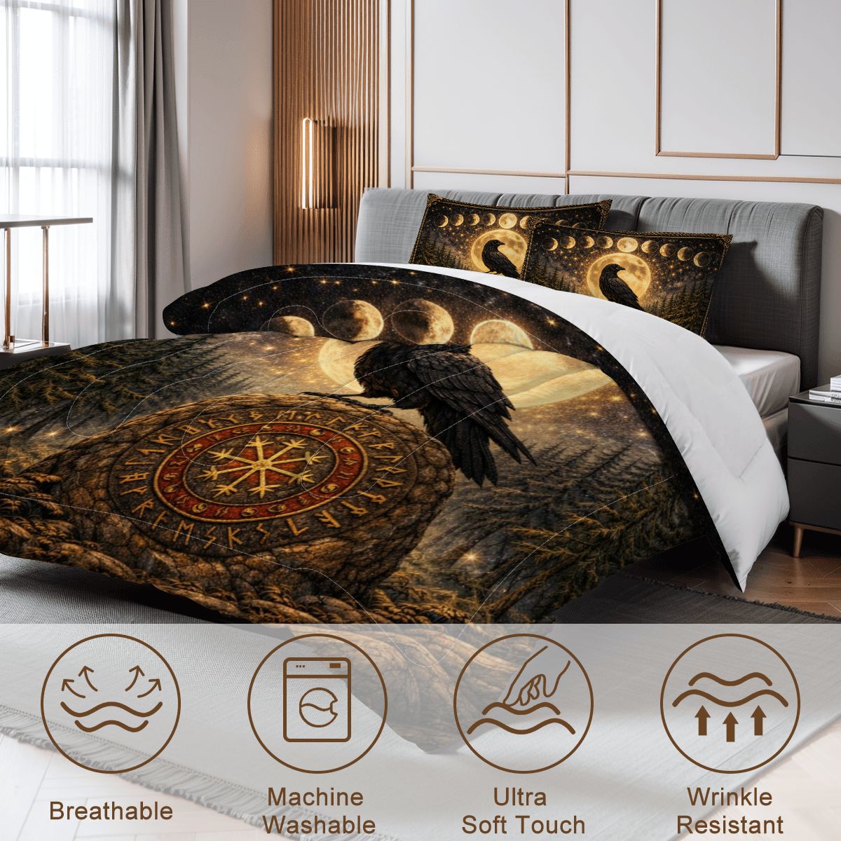 Gothic Bettwäsche Queen 3-teilig mit Rabe auf Wikinger Runenstein, mystisches Comforter Set