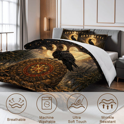 Gothic Bettwäsche Queen 3-teilig mit Rabe auf Wikinger Runenstein, mystisches Comforter Set