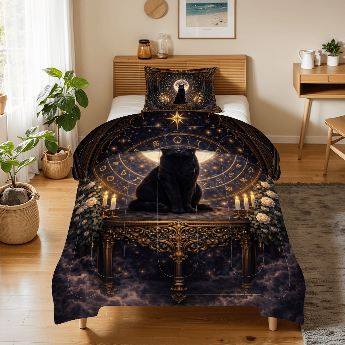 Gothic Bettwäsche schwarze Katze, Twin Comforter Set mit Mond und Symbolkreis