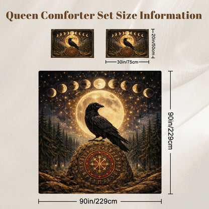 Gothic Bettwäsche Queen 3-teilig mit Rabe auf Wikinger Runenstein, mystisches Comforter Set