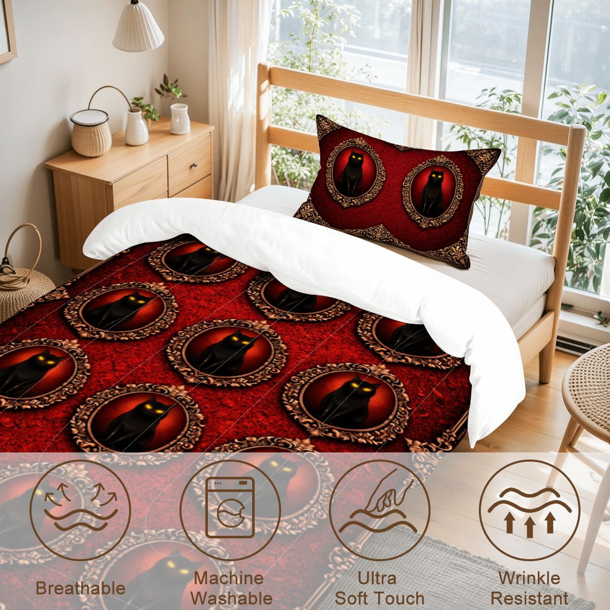 Gothic Bettwäsche rot, schwarze Katze, Twin Comforter Set Dark Aesthetic, Gothicbro Bettdecke mit Kissenbezug