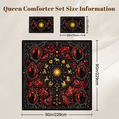 Gothic Zodiak Bettwäsche Queen 3-teilig Rot mit Astrologie Sternzeichen, schwarze Katzen in viktorianischen Stil
